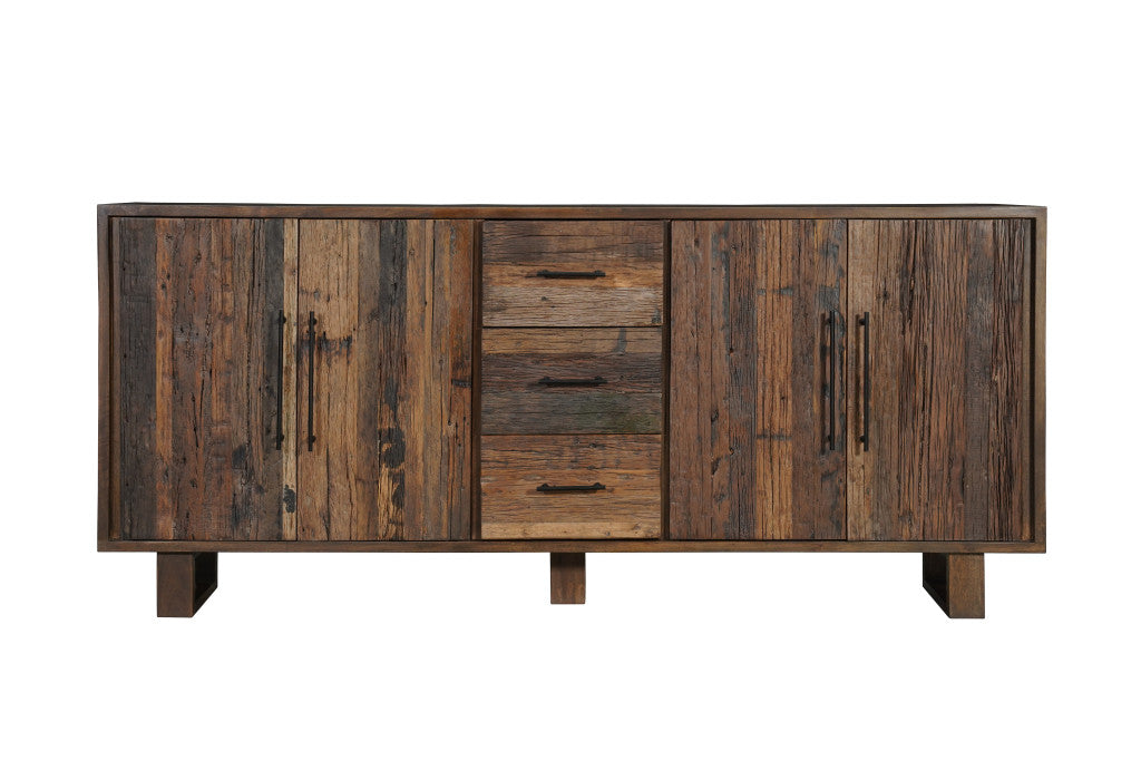 83" Dark Brown Distressed Reclaimed Wood Three Drawer Sideboard with Four Doors