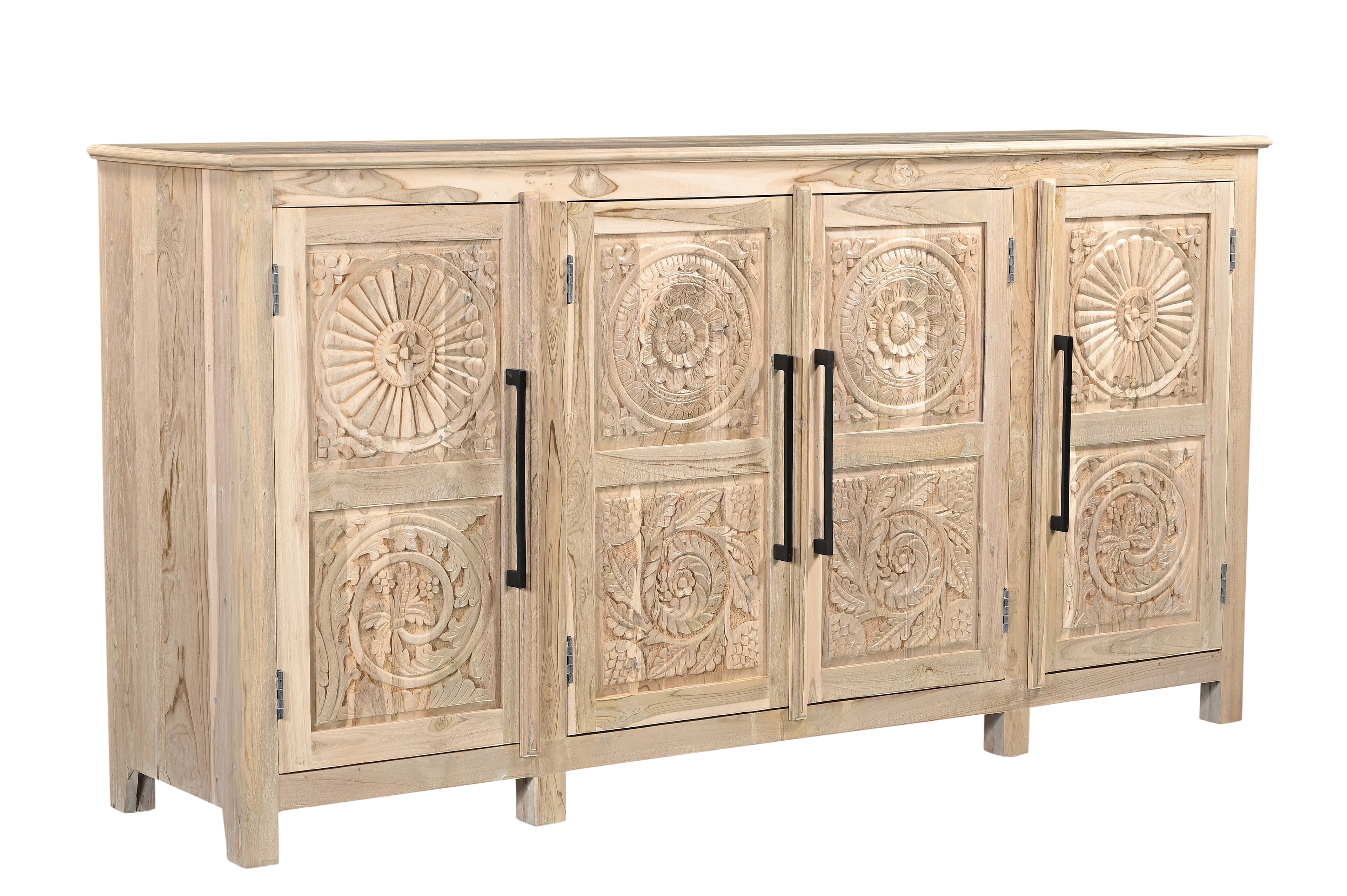 74" Natural Distressed Solid Wood Carved Floral Sideboard with Four Doors