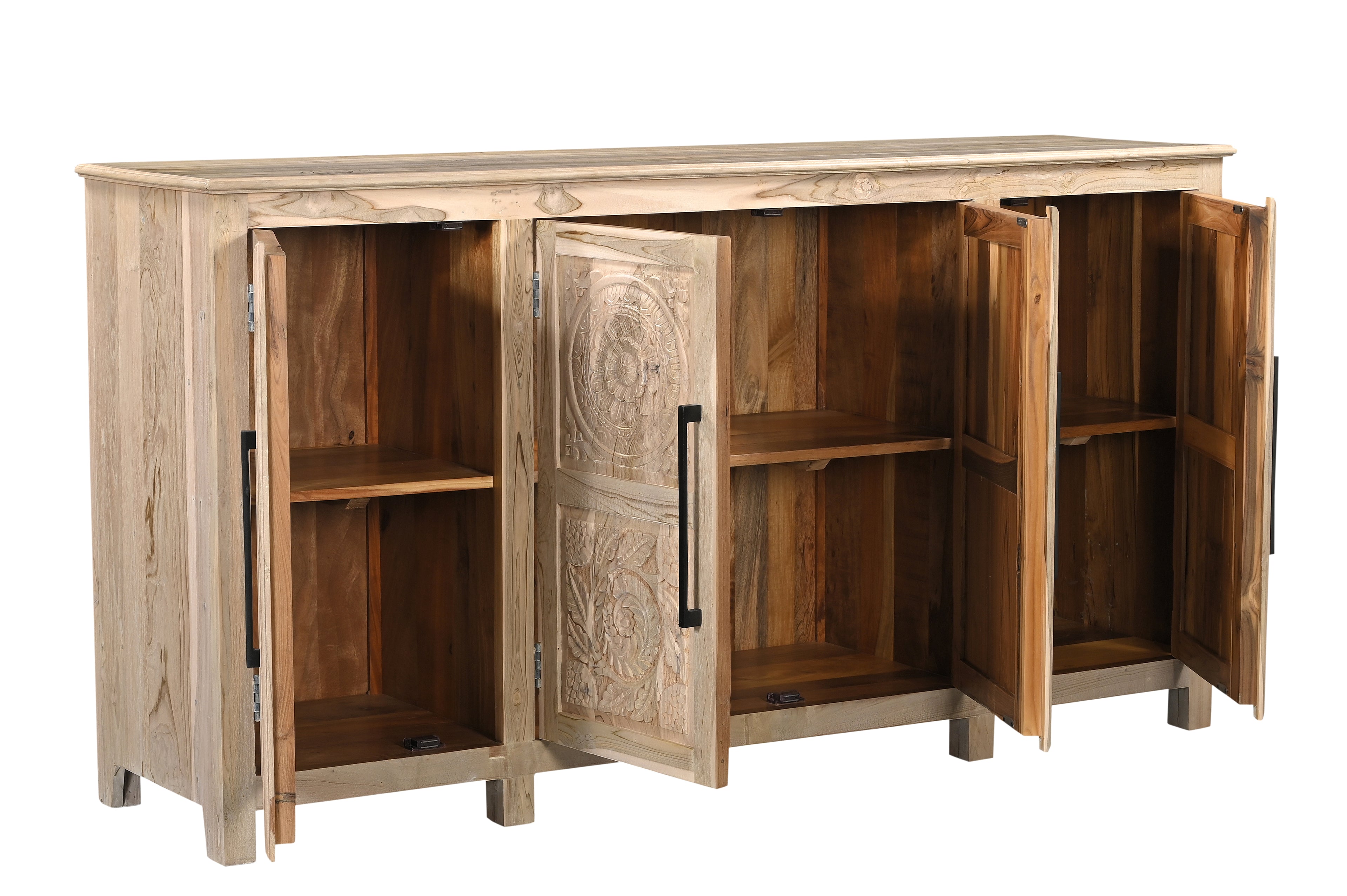 74" Natural Distressed Solid Wood Carved Floral Sideboard with Four Doors