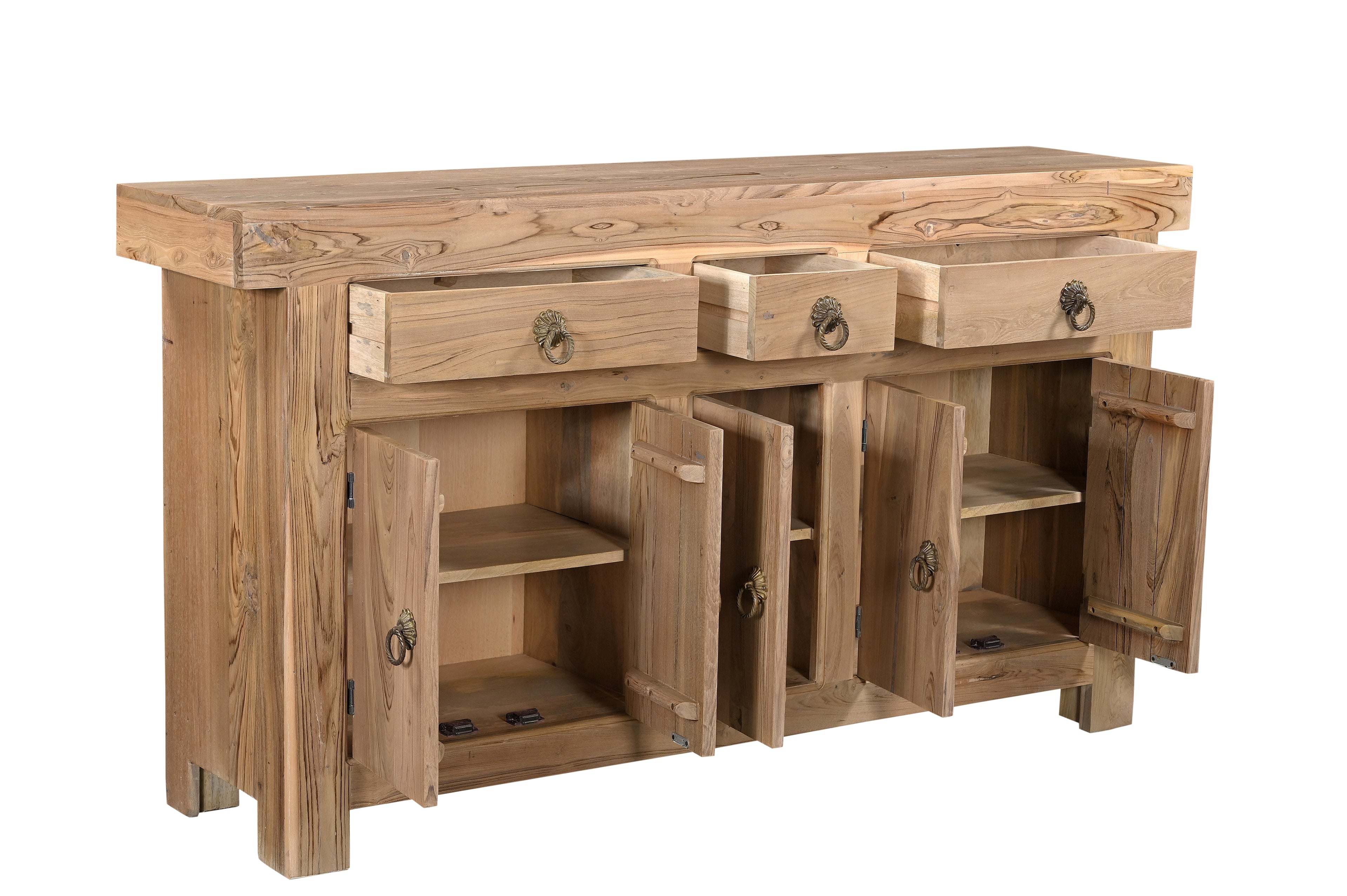 72" Natural Solid Wood Three Drawer Sideboard with Five Doors