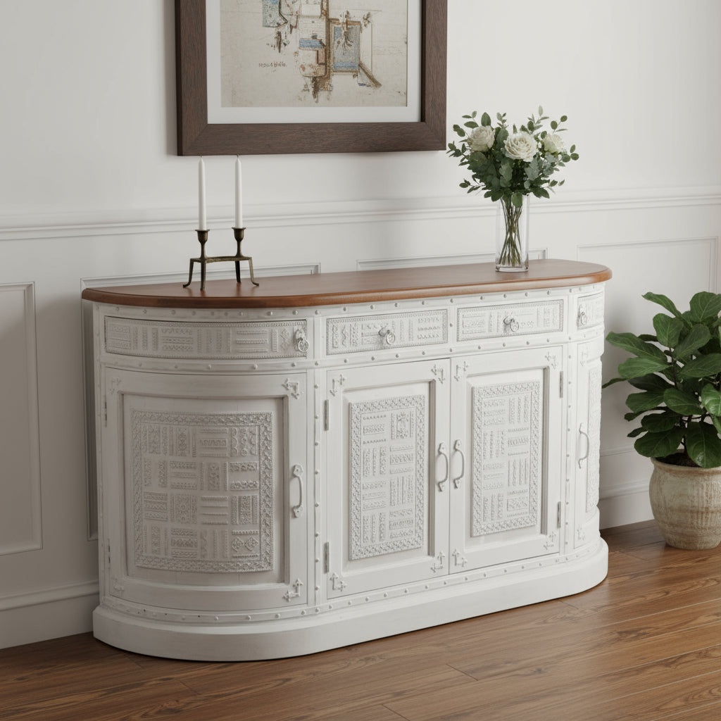 69" White And Brown Solid Wood Carved Geometric Four Drawer Four Door Sideboard