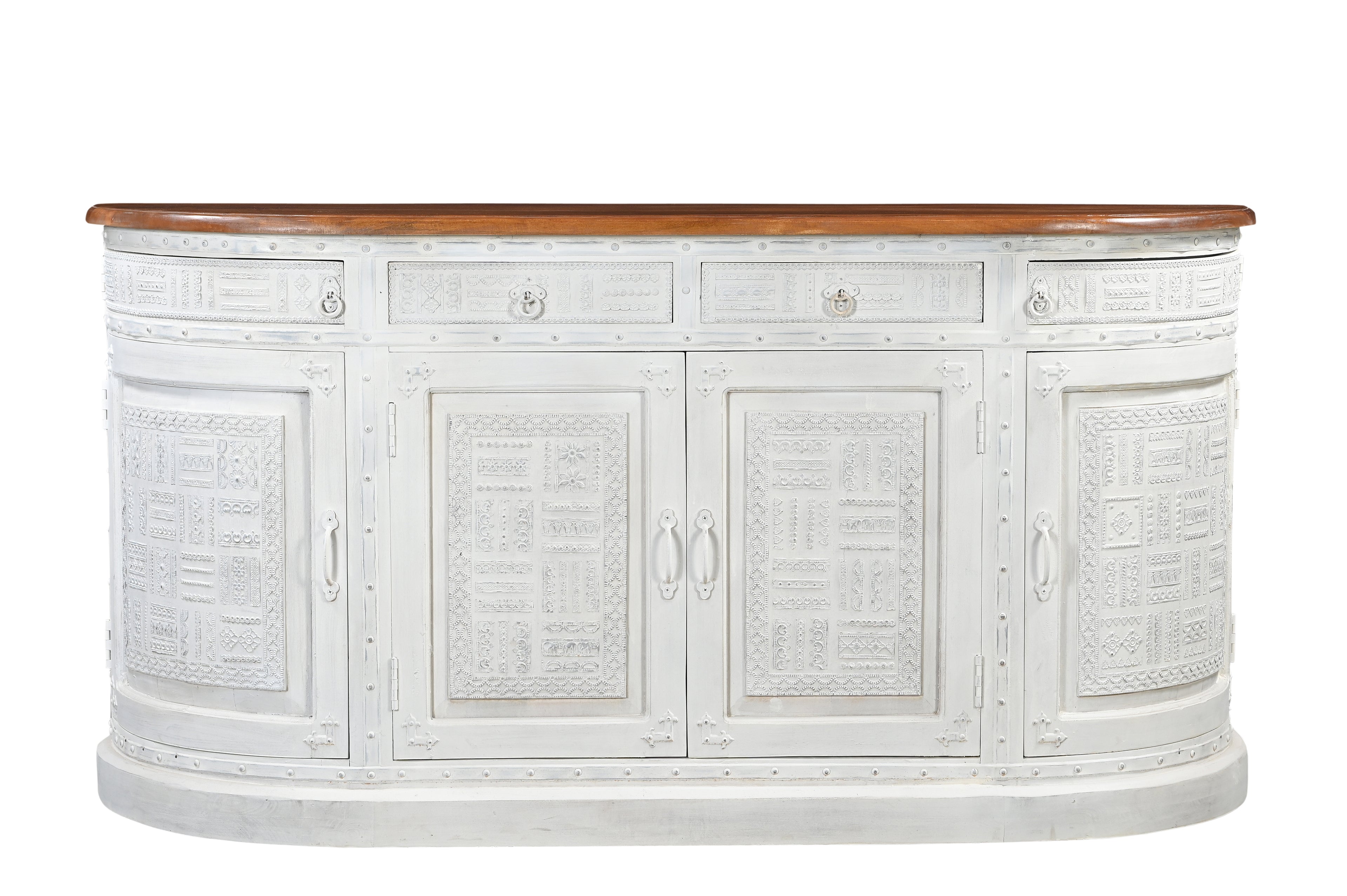 69" White And Brown Solid Wood Carved Geometric Four Drawer Four Door Sideboard