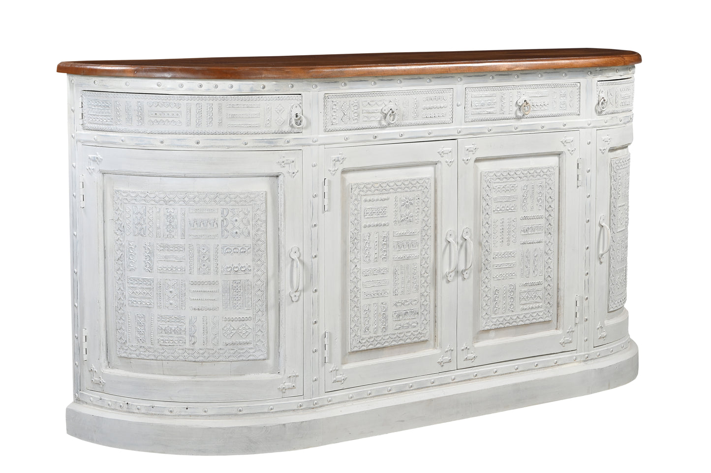 69" White And Brown Solid Wood Carved Geometric Four Drawer Four Door Sideboard