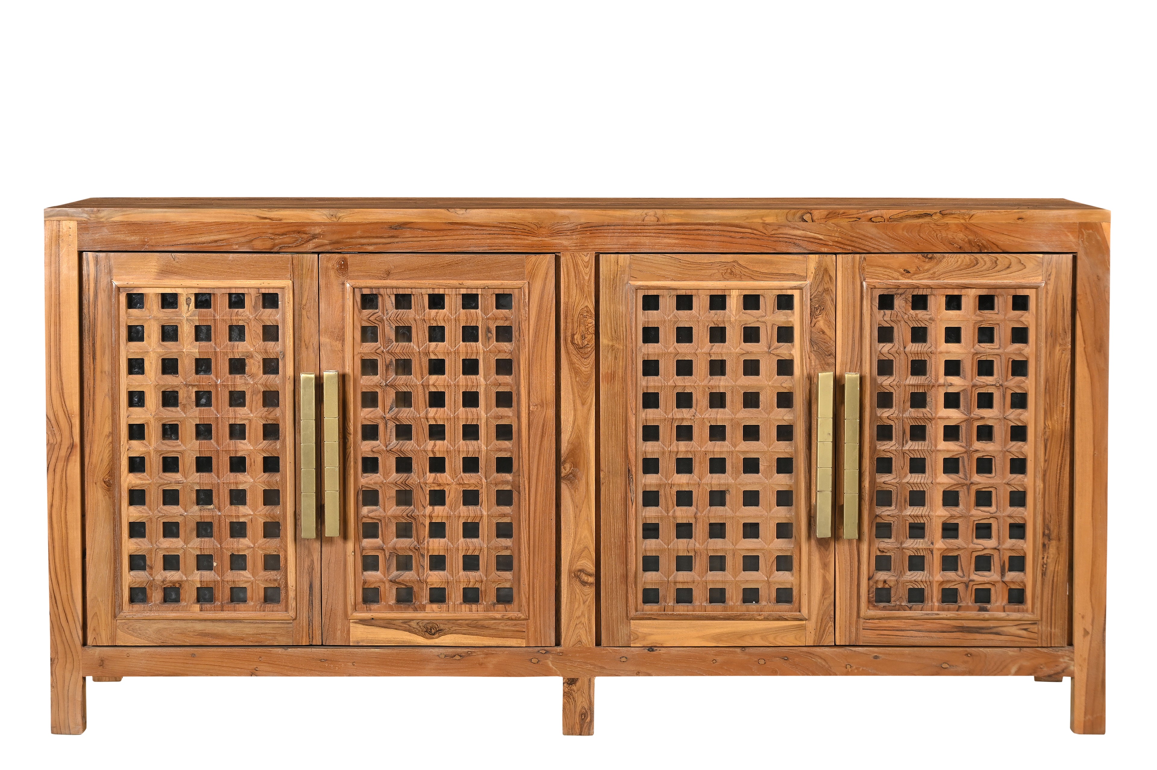 71" Brown Solid Wood Carved Geometric Sideboard with Four Doors