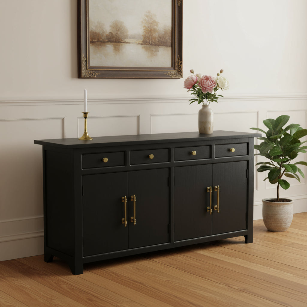 79" Black Solid Wood Four Drawer Sideboard with Four Doors