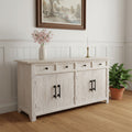 79" White Distressed Solid Wood Paneled Four Drawer Sideboard with Four Doors