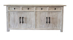 79" White Distressed Solid Wood Paneled Four Drawer Sideboard with Four Doors