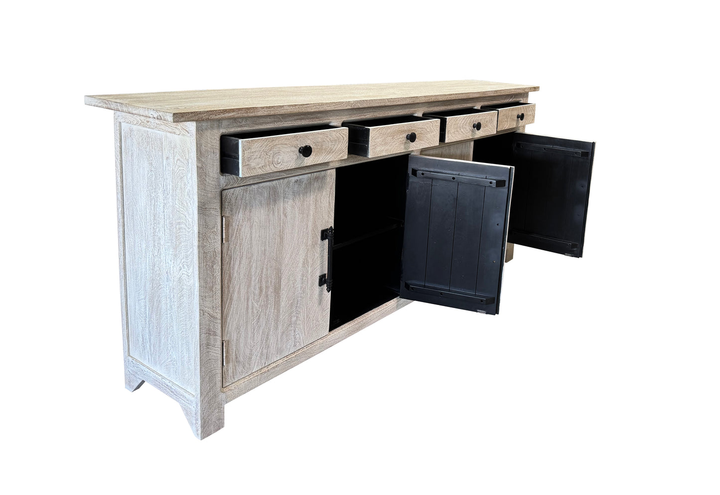 79" White Distressed Solid Wood Paneled Four Drawer Sideboard with Four Doors