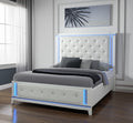 White Faux Crystal Bling Wood And Tufted Cotton Lighted Queen Bed Frame