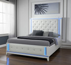 White Faux Crystal Bling Wood And Tufted Cotton Lighted Queen Bed Frame