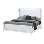 White Faux Crystal Bling Wood And Tufted Cotton Lighted Queen Bed Frame