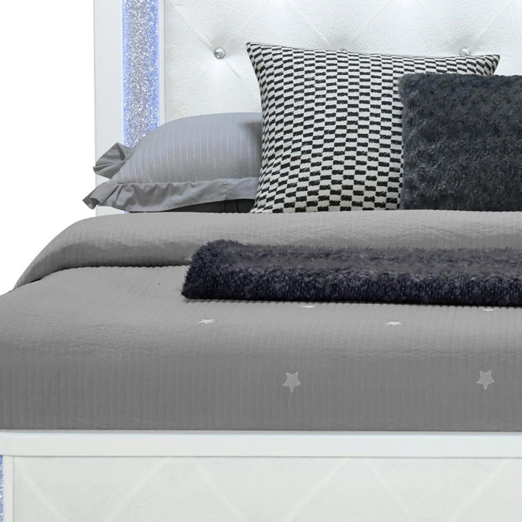 White Faux Crystal Bling Wood And Tufted Cotton Lighted Queen Bed Frame