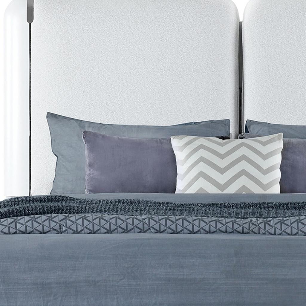 Gray and White Wood And Upholstery Lighted Queen Bed Frame