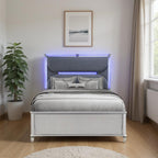 Silver and Gray Wood And Upholstery Lighted Queen Bed Frame