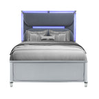 Silver and Gray Wood And Upholstery Lighted Queen Bed Frame