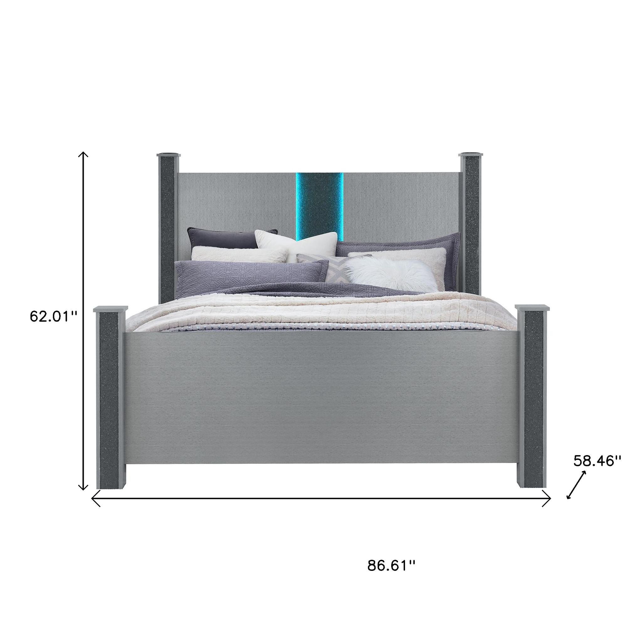 Silver Wood And Faux Crystals Lighted Full Four Poster Bed Frame