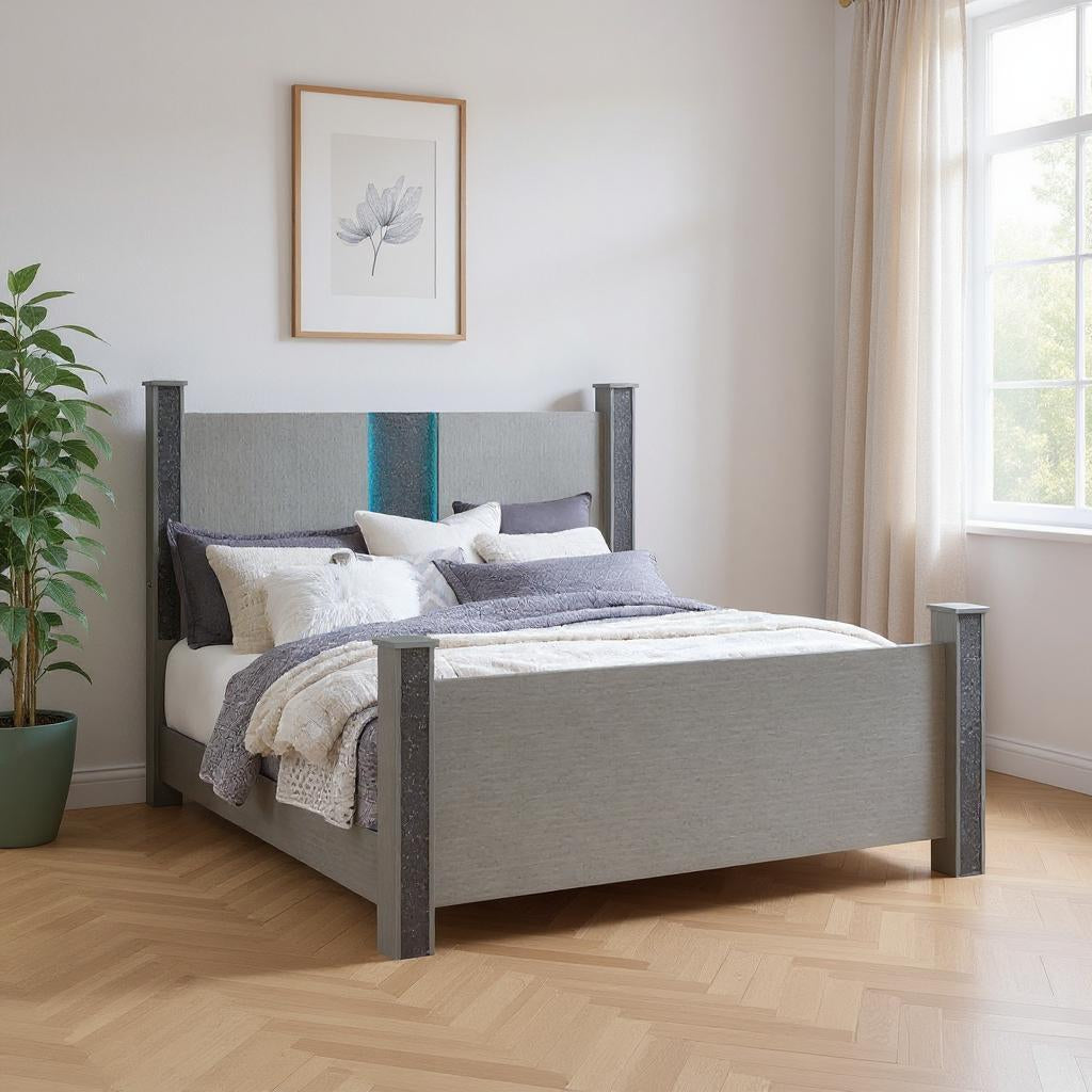 Silver Wood And Faux Crystals Lighted King Four Poster Bed Frame