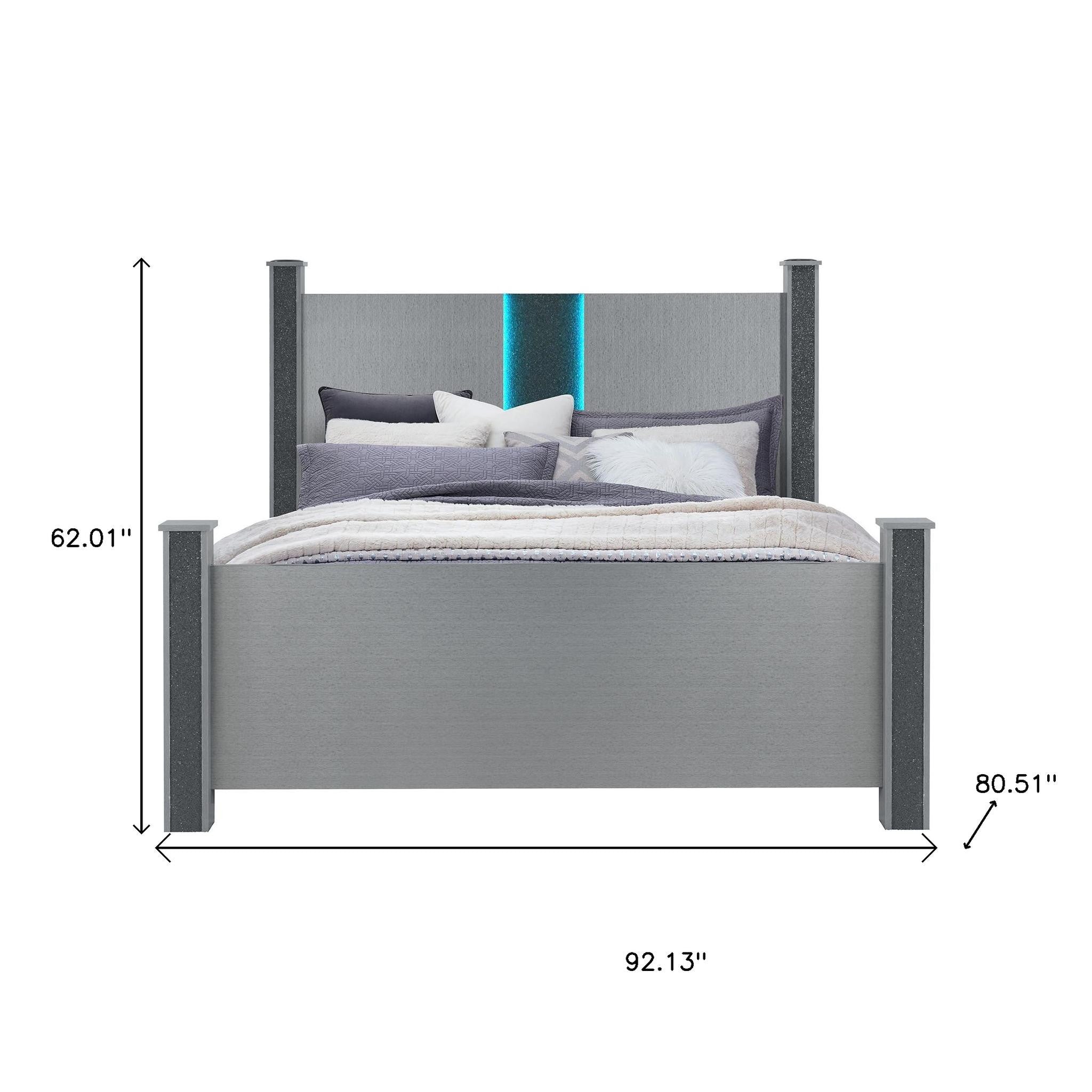 Silver Wood And Faux Crystals Lighted King Four Poster Bed Frame