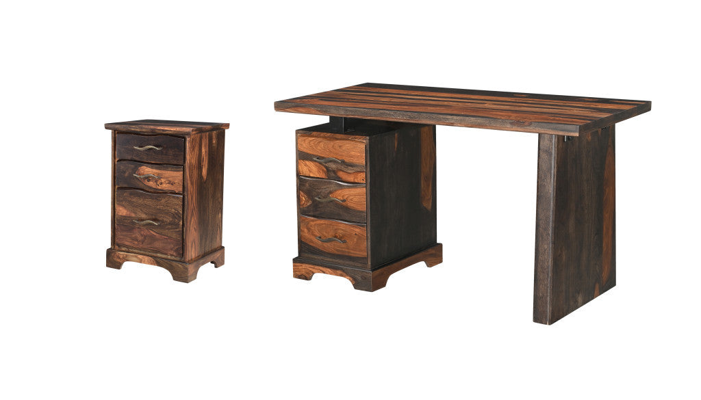 54" Dark Brown Solid Wood Writing Desk and Bookshelf Set With Three Drawers