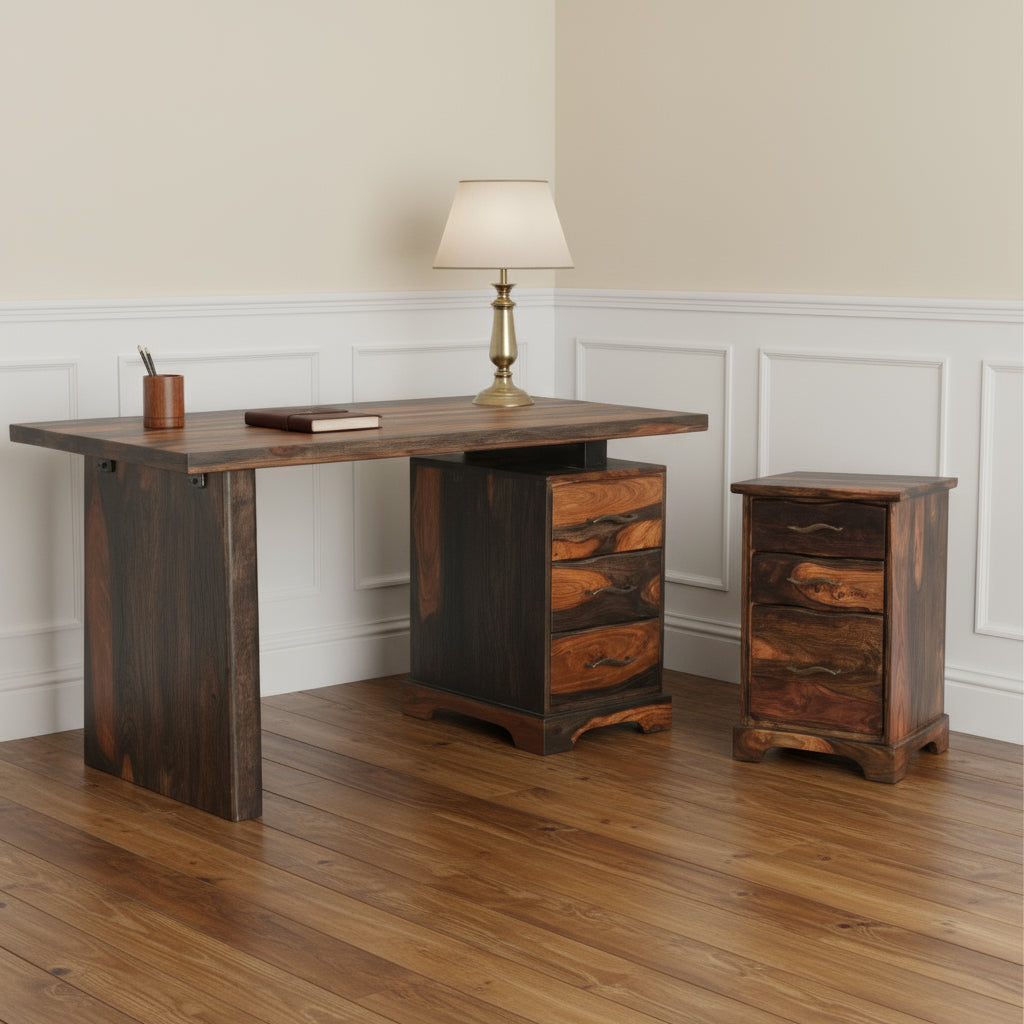 54" Dark Brown Solid Wood Writing Desk and Bookshelf Set With Three Drawers