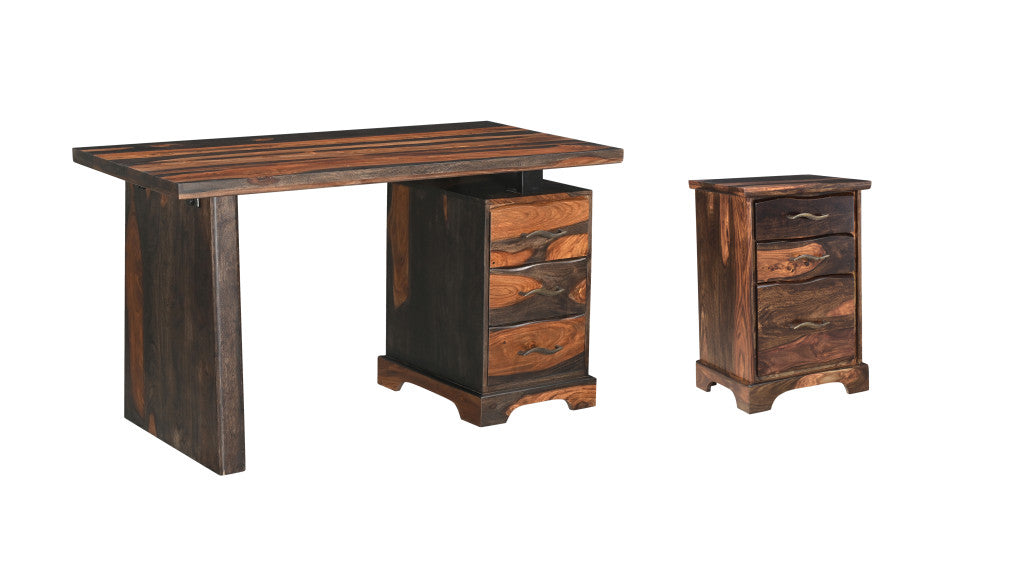 54" Dark Brown Solid Wood Writing Desk and Bookshelf Set With Three Drawers