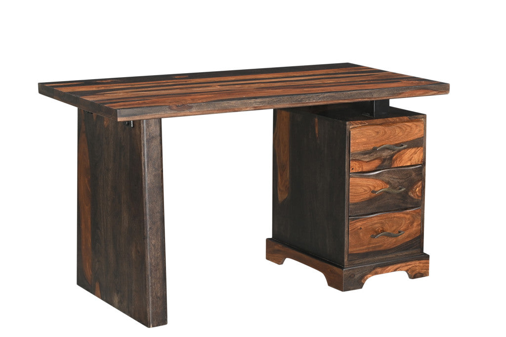 54" Dark Brown Solid Wood Writing Desk and Bookshelf Set With Three Drawers