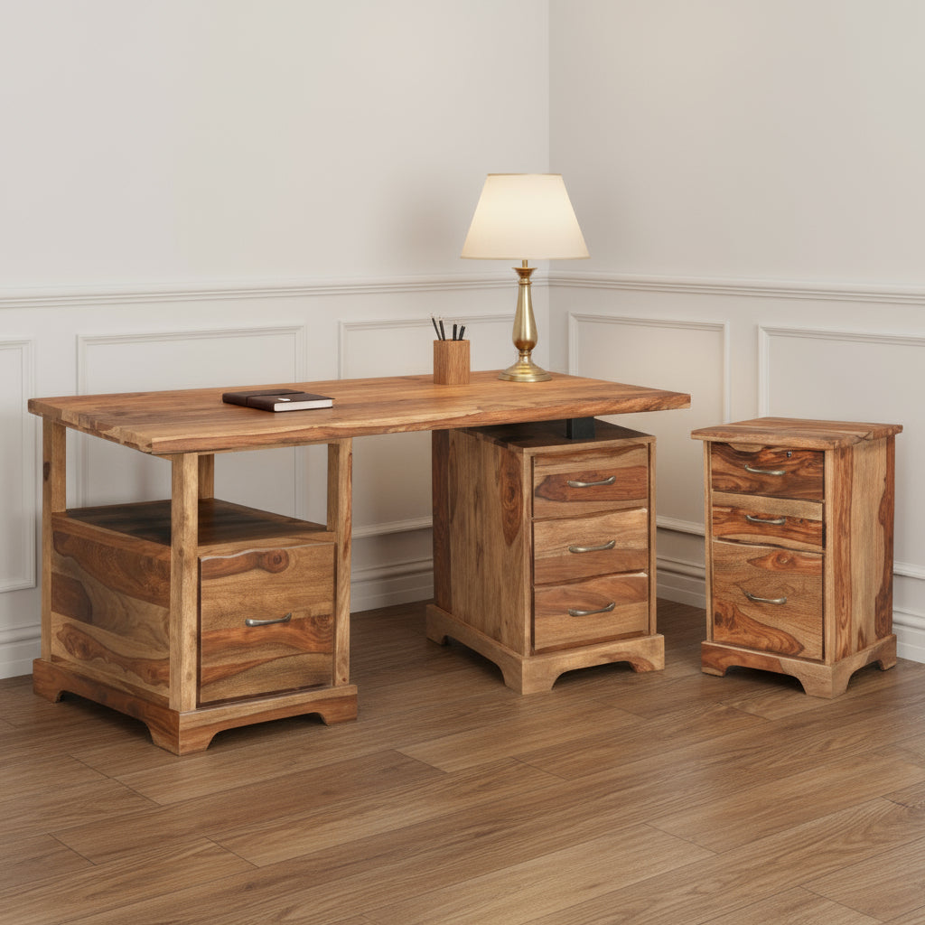 68" Brown Solid Wood Writing Desk and Bookshelf Set With Four Drawers