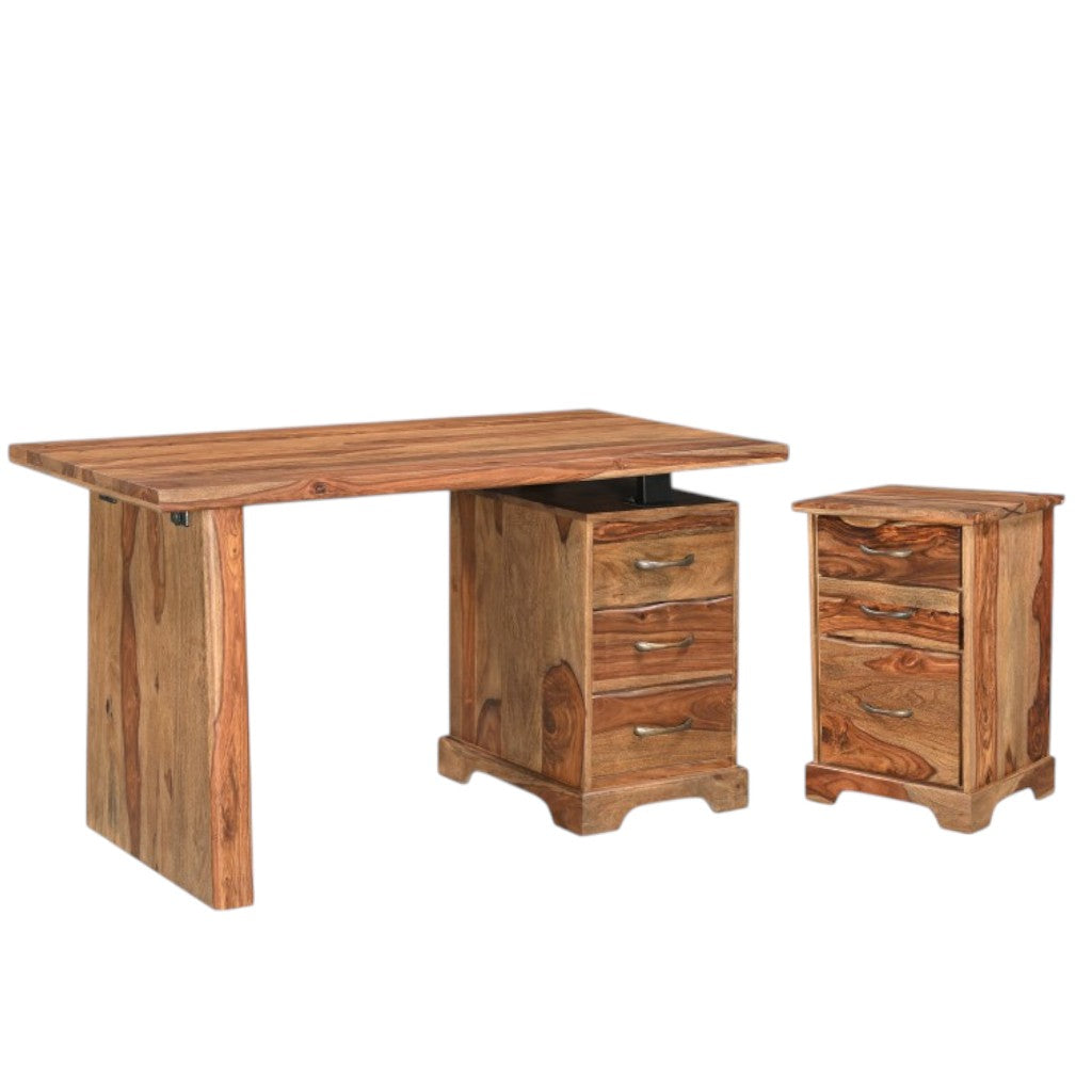 54" Brown Solid Wood Writing Desk and Bookshelf Set With Three Drawers