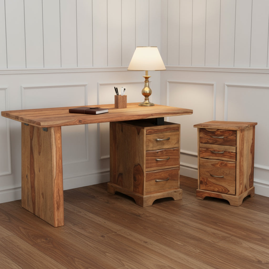 54" Brown Solid Wood Writing Desk and Bookshelf Set With Three Drawers