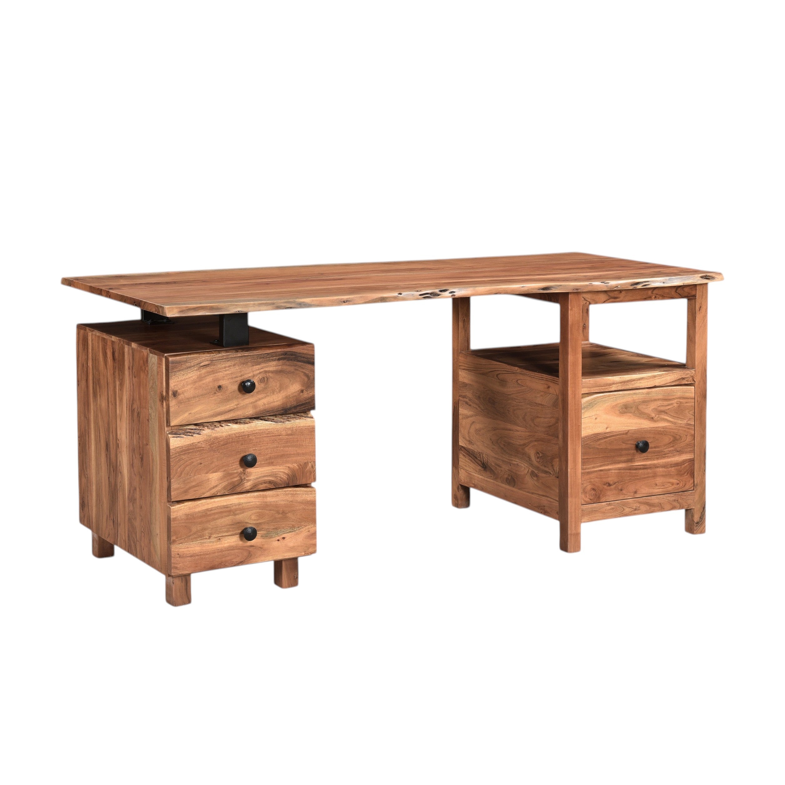 69" Brown Solid Wood Wall Mounted Writing Desk and Bookshelf Set With Four Drawers