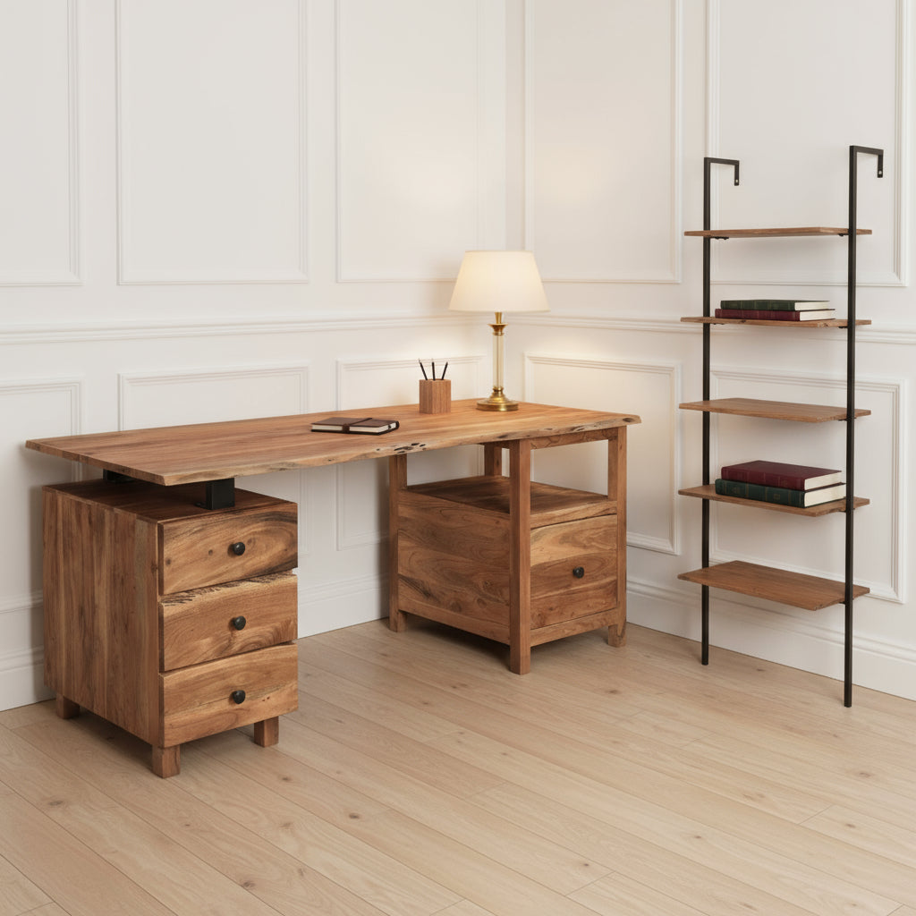 69" Brown Solid Wood Wall Mounted Writing Desk and Bookshelf Set With Four Drawers