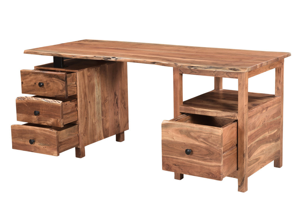 69" Brown Solid Wood Wall Mounted Writing Desk and Bookshelf Set With Four Drawers