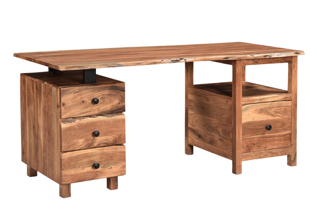 69" Brown Solid Wood Writing Desk and Bookshelf Set With Four Drawers