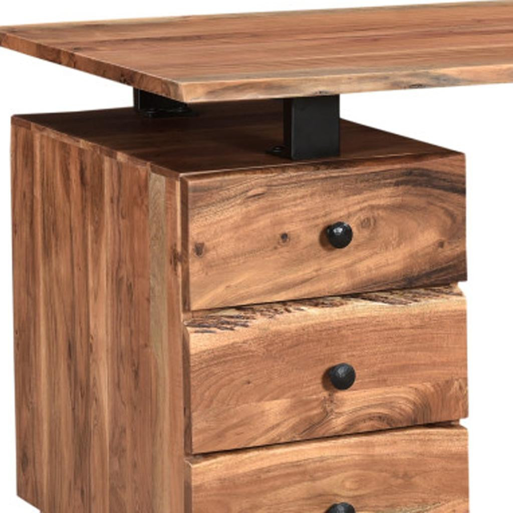 69" Brown Solid Wood Writing Desk and Bookshelf Set With Four Drawers