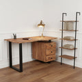 54" Brown and Black Solid Wood and Metal Wall Mounted Writing Desk and Bookshelf Set With Three Drawers