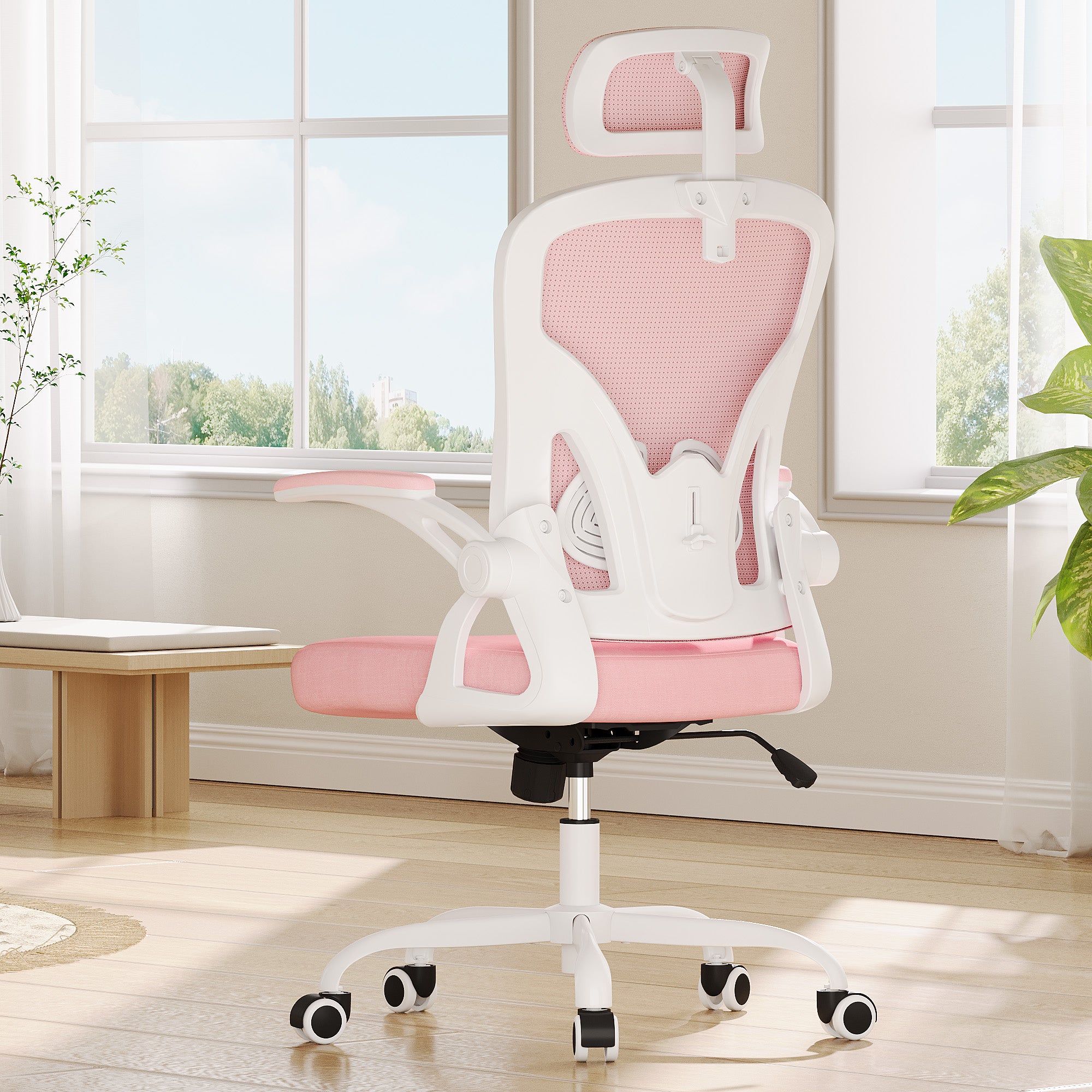 Pink White and Black Adjustable Height Swivel Rolling Office Chair