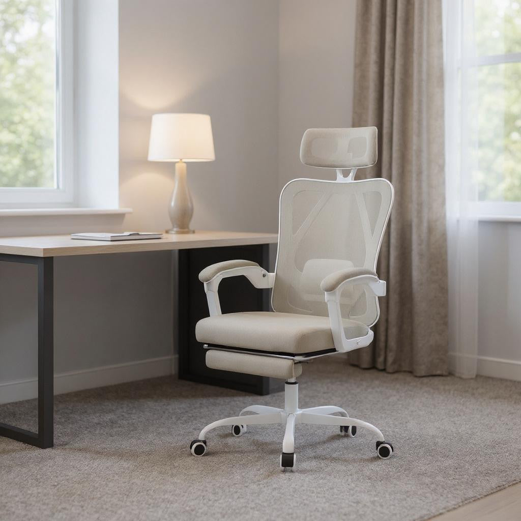 Beige White and Black Adjustable Height Swivel Rolling Office Chair
