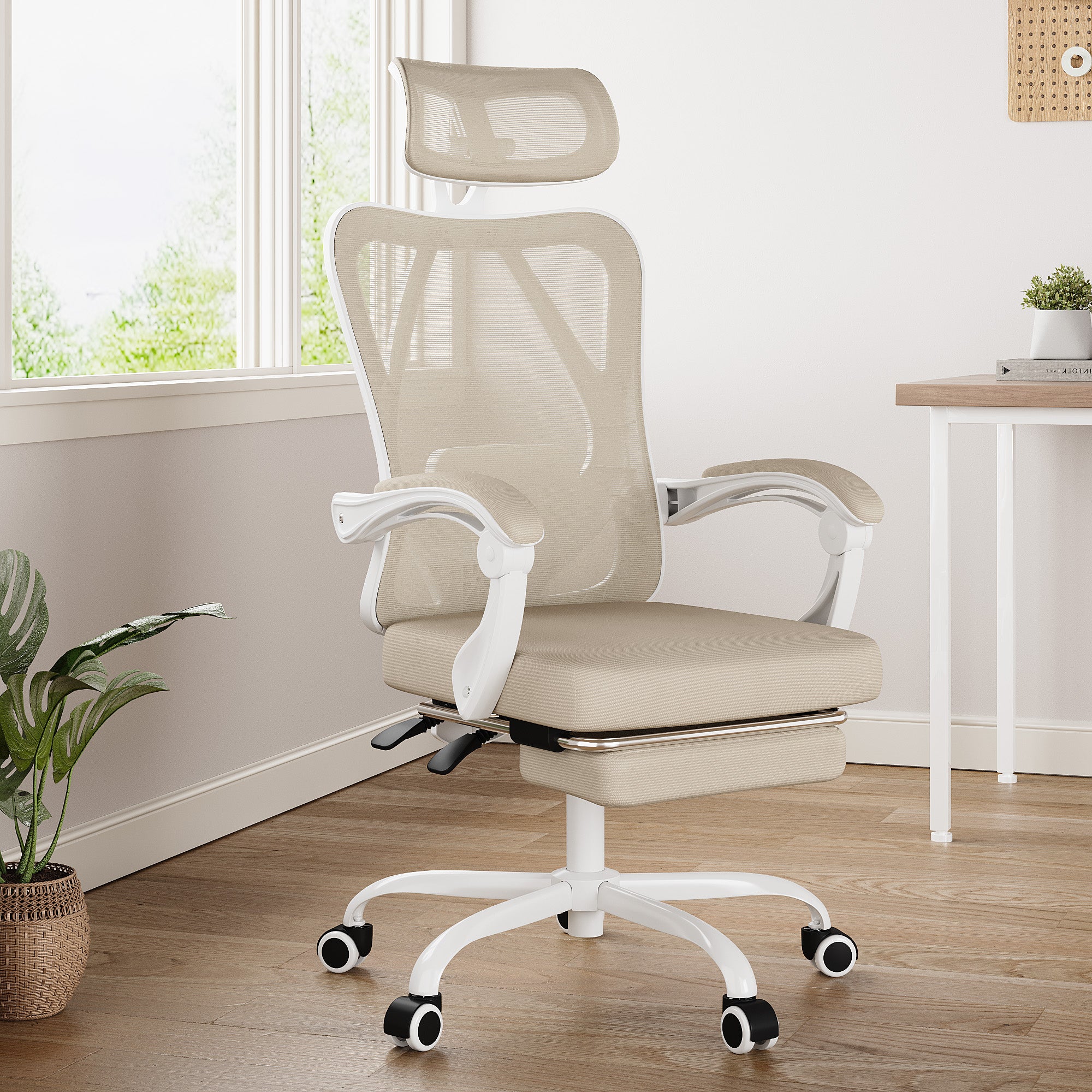 Beige White and Black Adjustable Height Swivel Rolling Office Chair