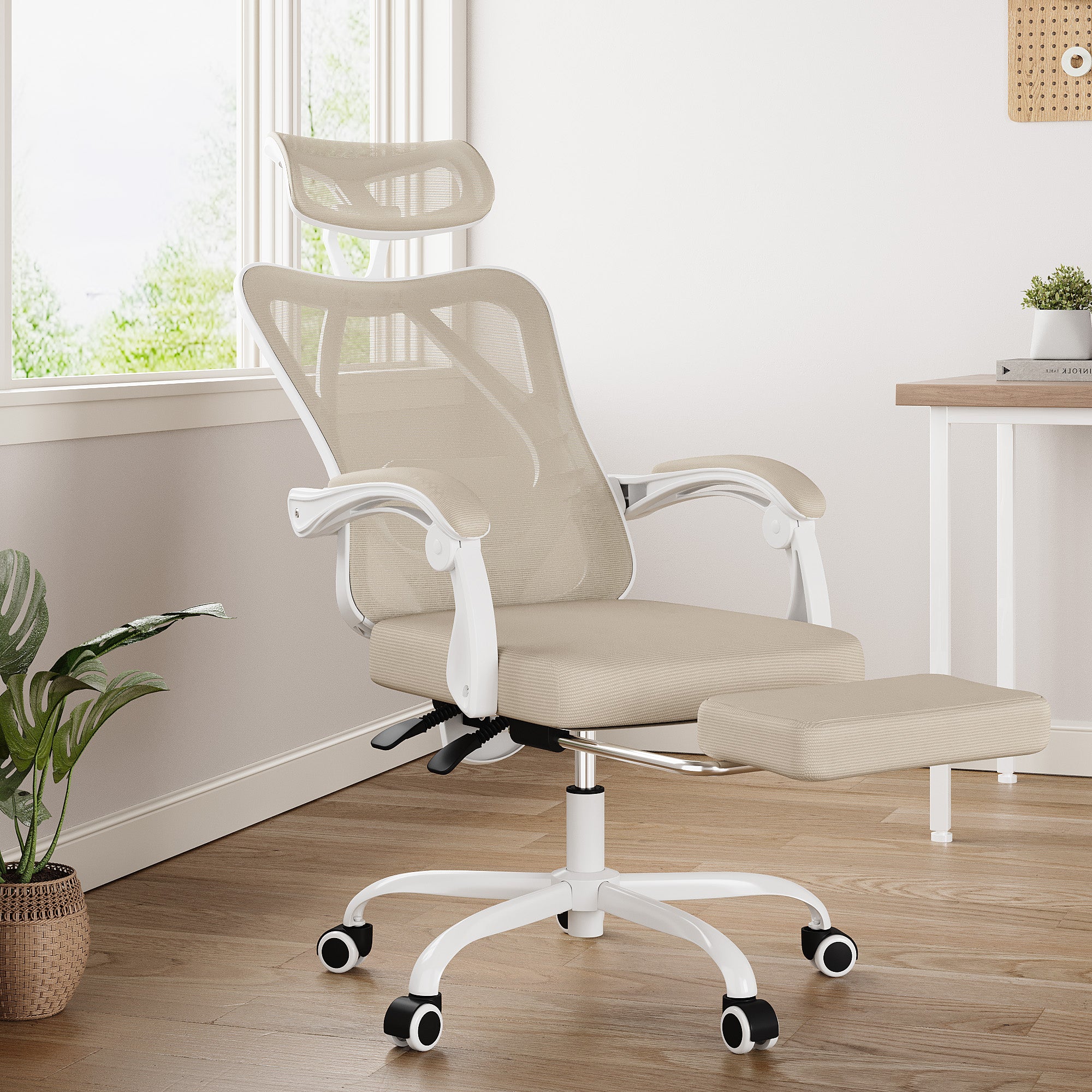Beige White and Black Adjustable Height Swivel Rolling Office Chair