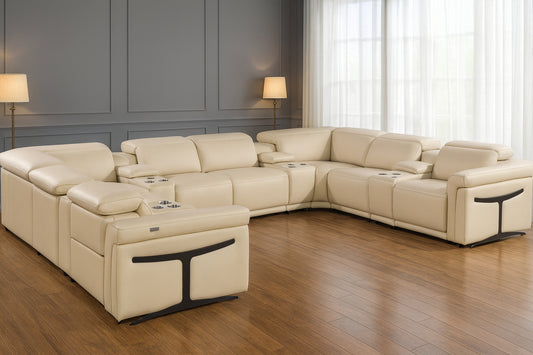 Beige Italian Leather Power Reclining U Shaped Twelve Piece Sectional With Console