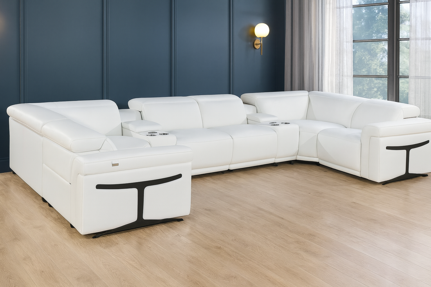 White Italian Leather Power Reclining U Shaped Eight Piece Sectional With Console