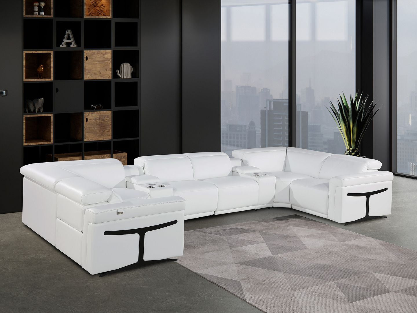 White Italian Leather Power Reclining U Shaped Eight Piece Sectional With Console