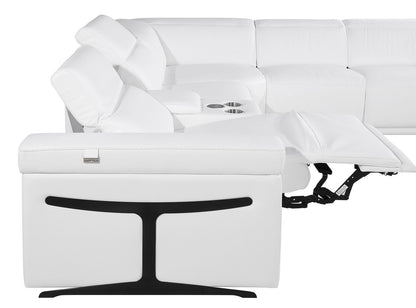 White Italian Leather Power Reclining U Shaped Eight Piece Sectional With Console