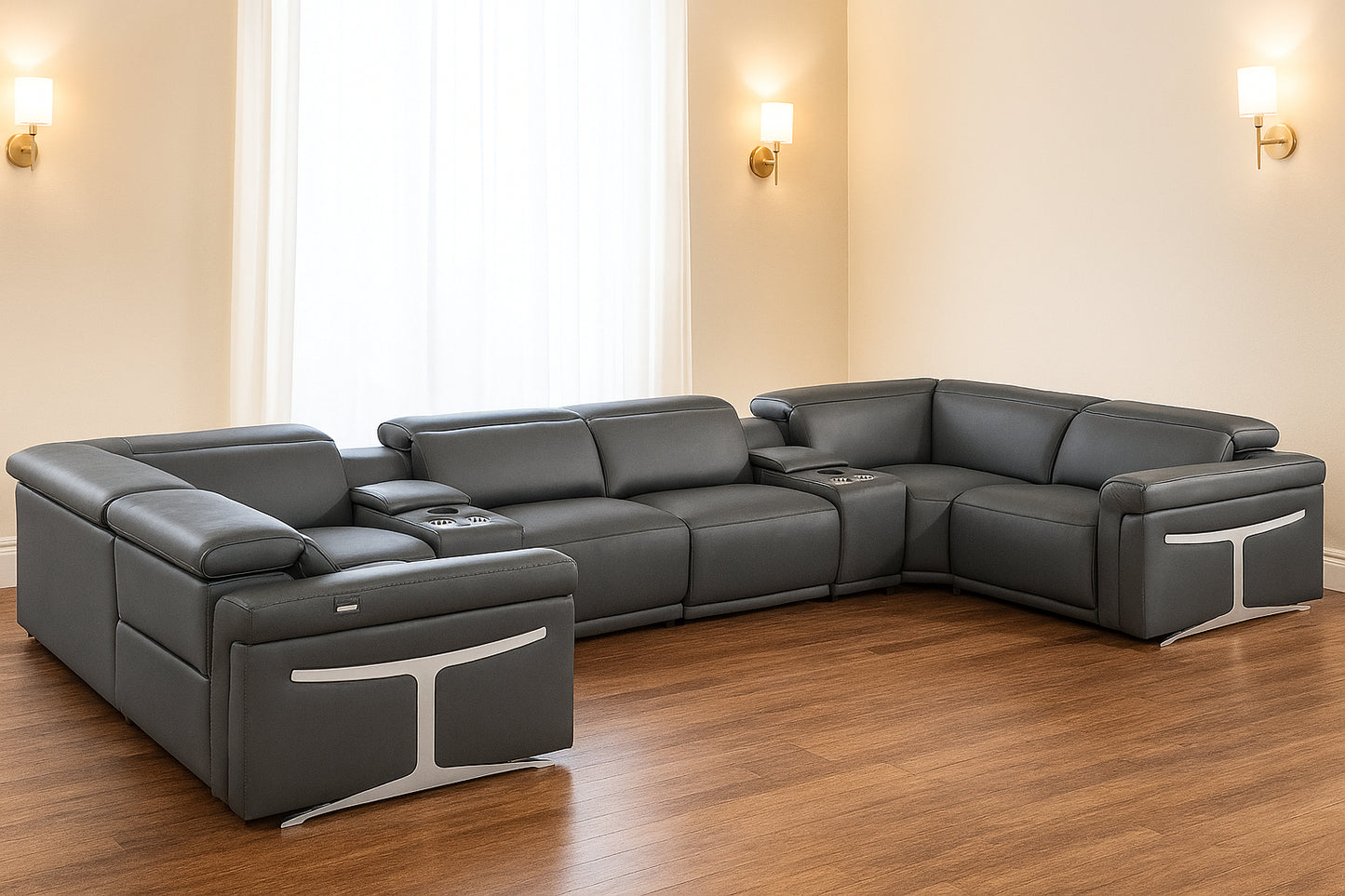 Dark Gray Italian Leather Power Reclining U Shaped Eight Piece Sectional With Console