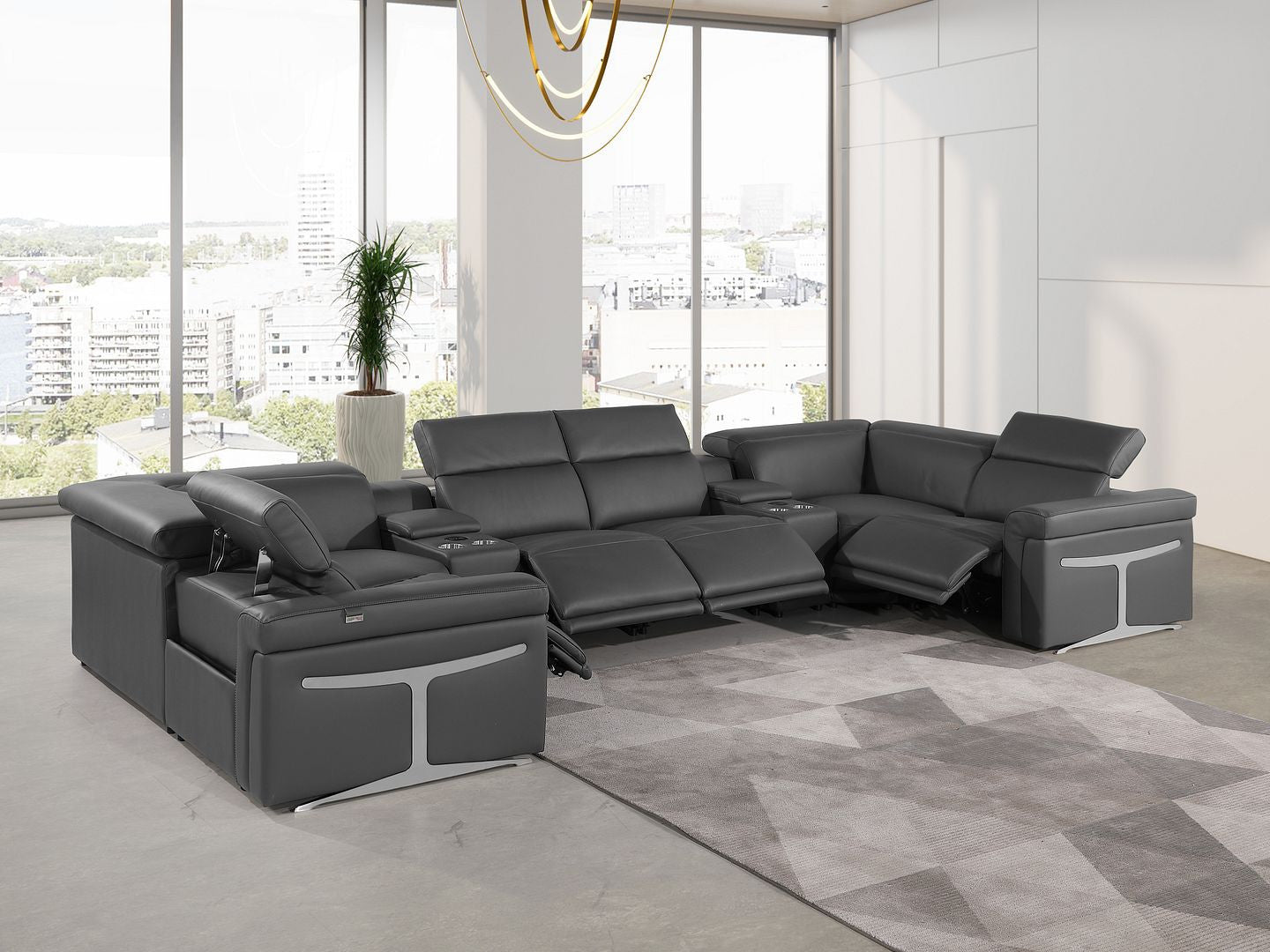 Dark Gray Italian Leather Power Reclining U Shaped Eight Piece Sectional With Console