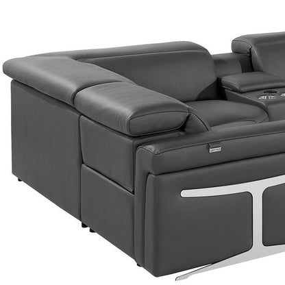 Dark Gray Italian Leather Power Reclining U Shaped Eight Piece Sectional With Console