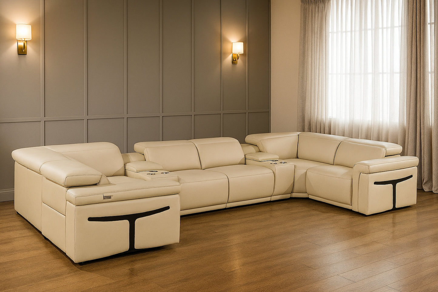 Beige Italian Leather Power Reclining U Shaped Eight Piece Sectional With Console