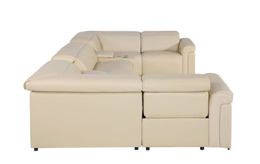 Beige Italian Leather Power Reclining U Shaped Eight Piece Sectional With Console