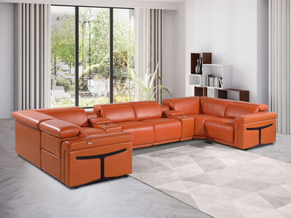Camel Italian Leather Power Reclining U Shaped Eight Piece Sectional With Console