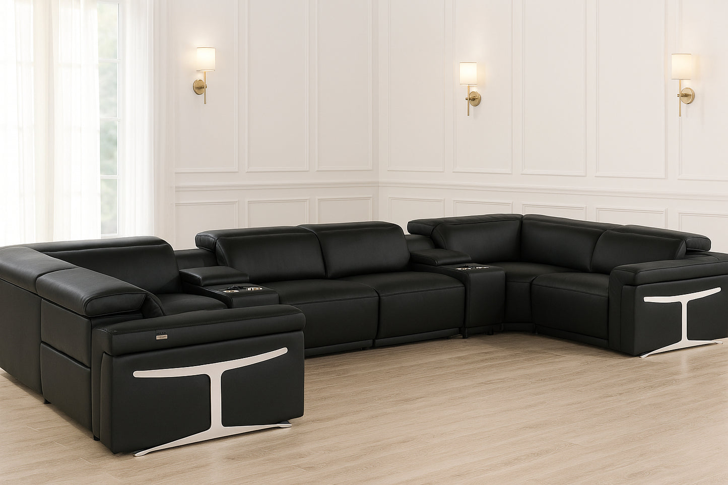 Black Italian Leather Power Reclining U Shaped Eight Piece Sectional With Console